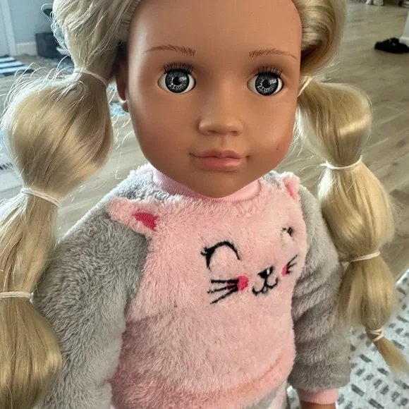Our Generation 18” Doll wearing Pink & Gray Cozy Cat Pajamas - Picture 3 of 8